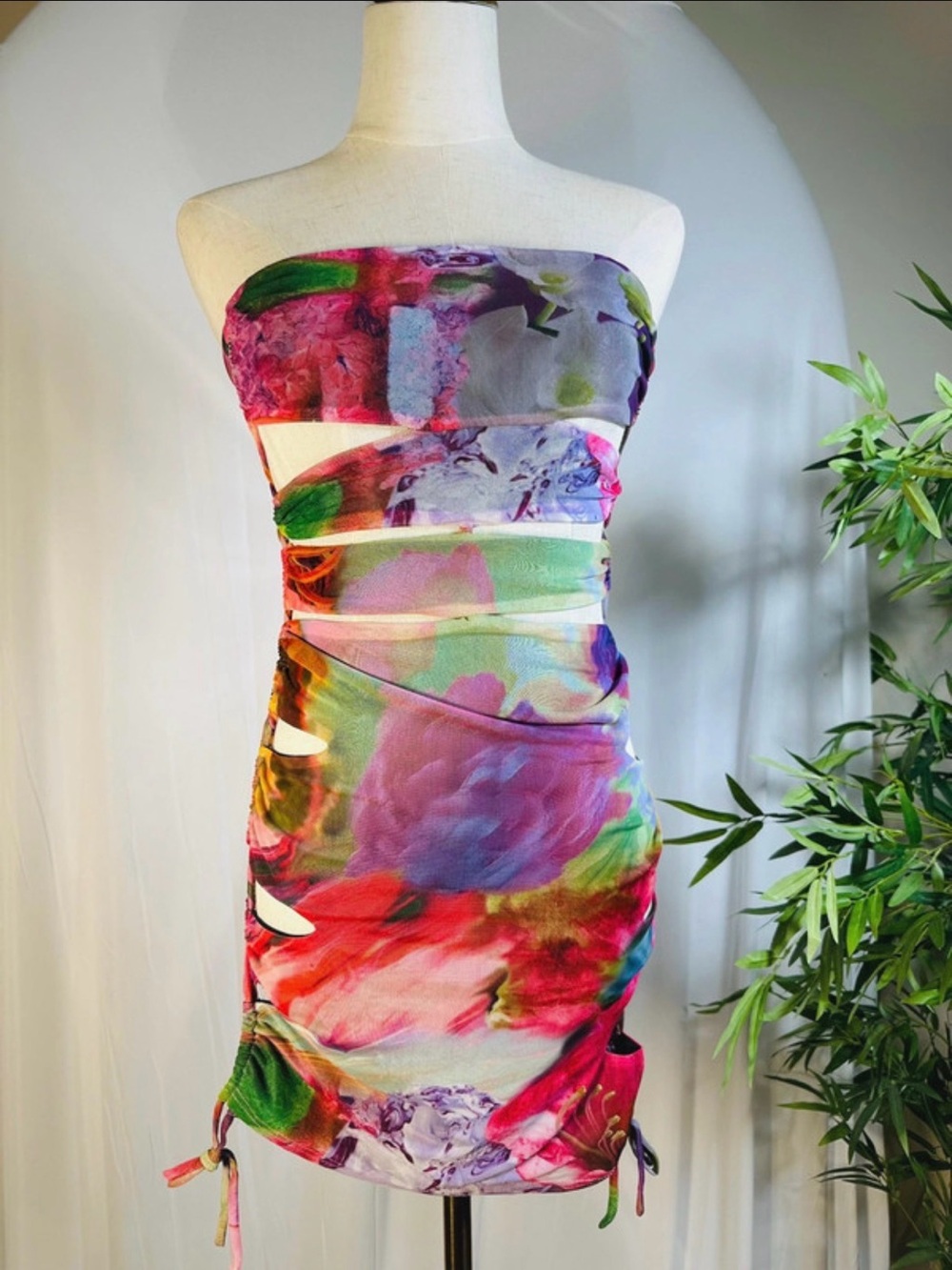 NWT Outcast Floral Mesh Cutout Ruched Bodycon Mini Dress or Top